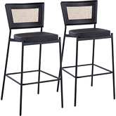 Rattan Tania Bar Stool in Black Metal, Rattan & Black Leatherette (Set of 2)